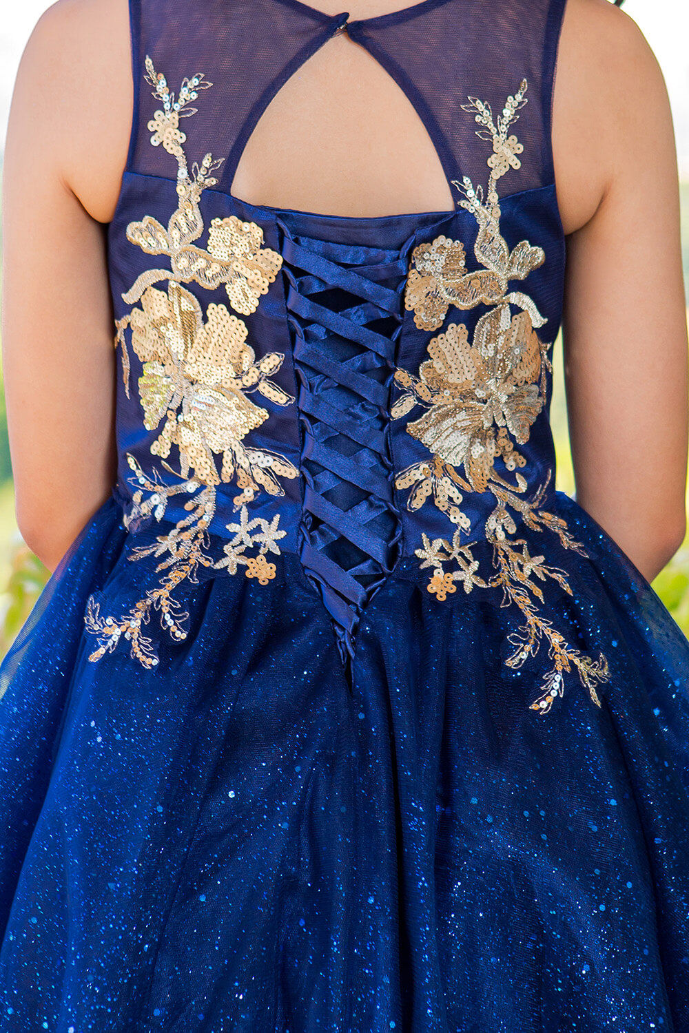 Navy High Neck Knee Length Glitter Tulle Party Dress with Floral Embroidery Cinderella Couture 5121