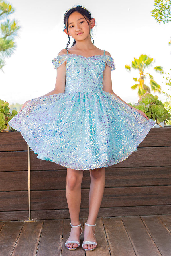 Off the Shoulder Knee Length Sequin Party Dress with Corset Back Cinderella Couture 5122