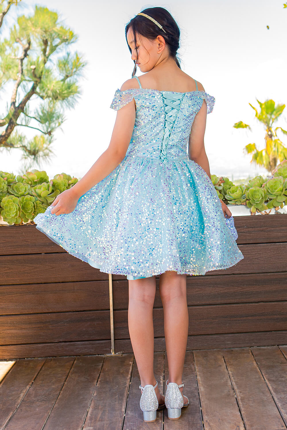 Blue Off the Shoulder Knee Length Sequin Party Dress with Corset Back Cinderella Couture 5122