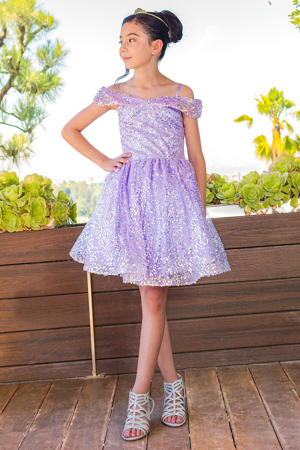 Lilac Off the Shoulder Knee Length Sequin Party Dress with Corset Back Cinderella Couture 5122
