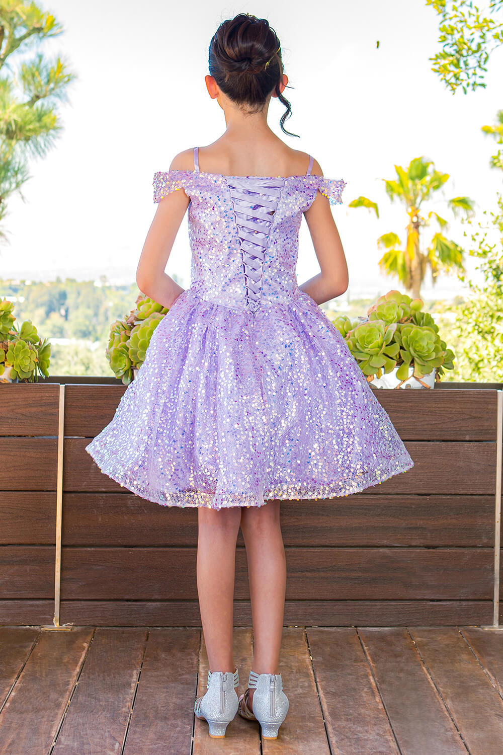 Lilac Off the Shoulder Knee Length Sequin Party Dress with Corset Back Cinderella Couture 5122