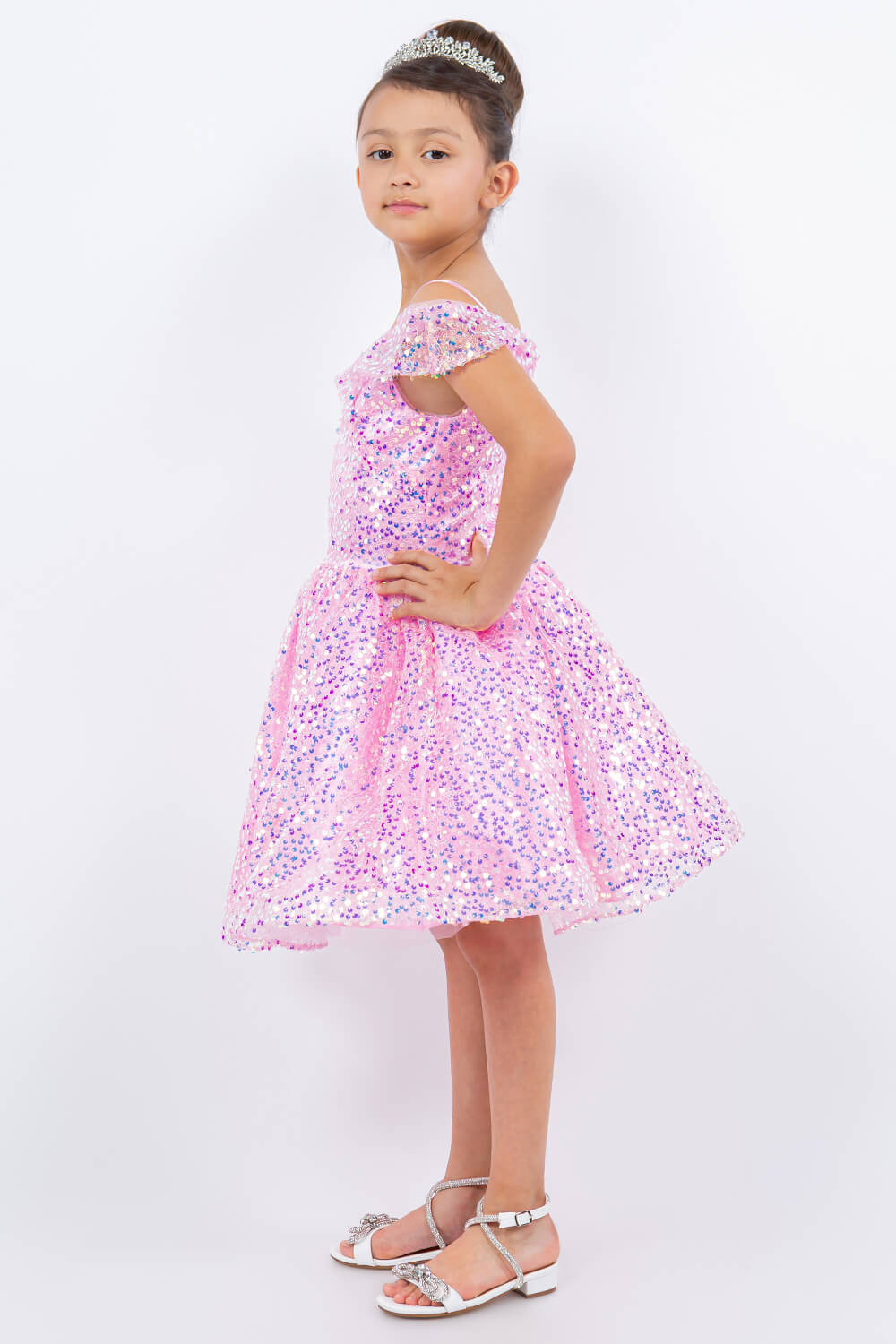 Pink Off the Shoulder Knee Length Sequin Party Dress with Corset Back Cinderella Couture 5122