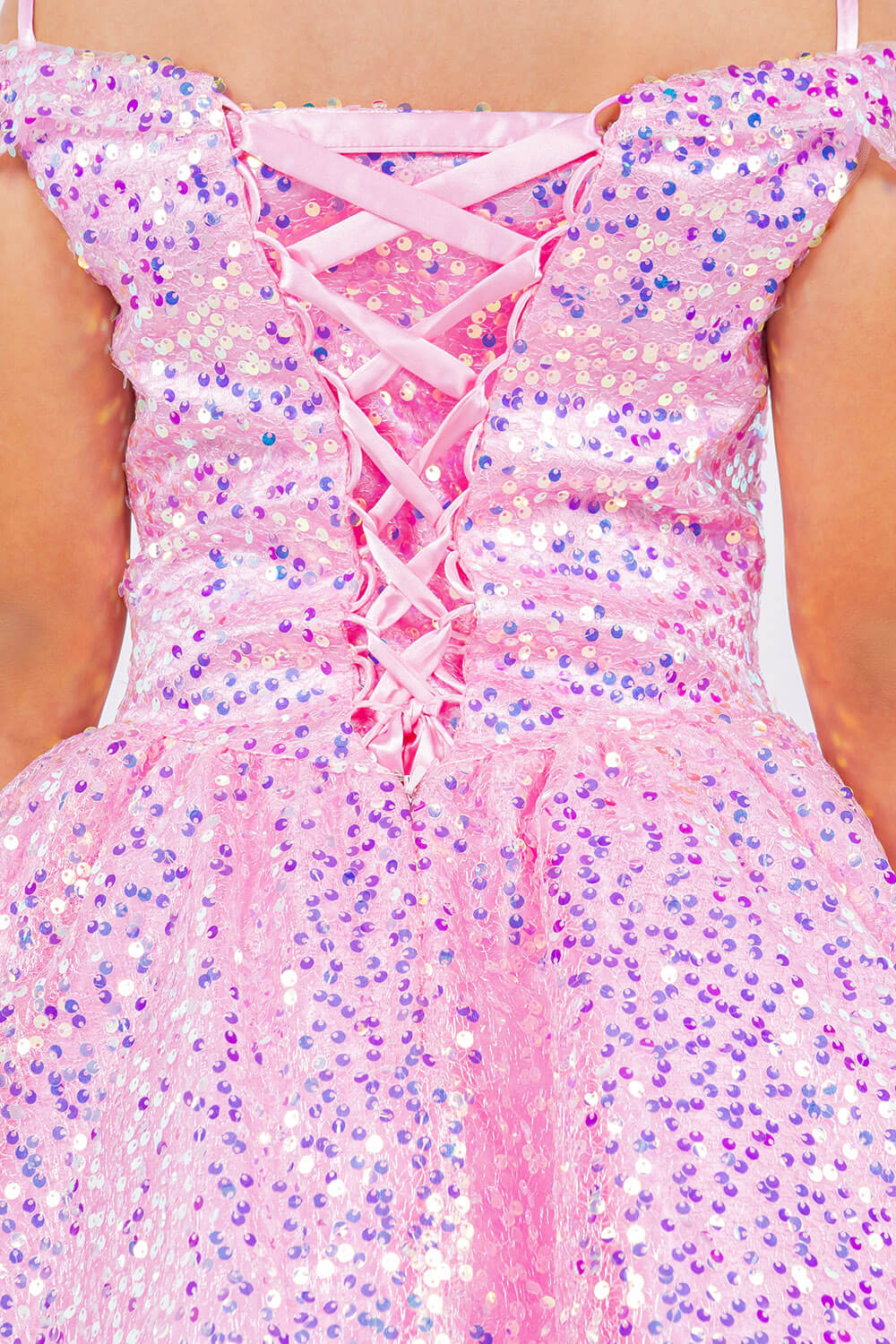 Pink Off the Shoulder Knee Length Sequin Party Dress with Corset Back Cinderella Couture 5122