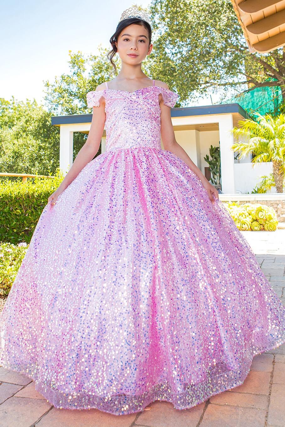 Pink Sweetheart Floor Length Glitter Tulle Quince Ball Gown Cinderella Couture 5123