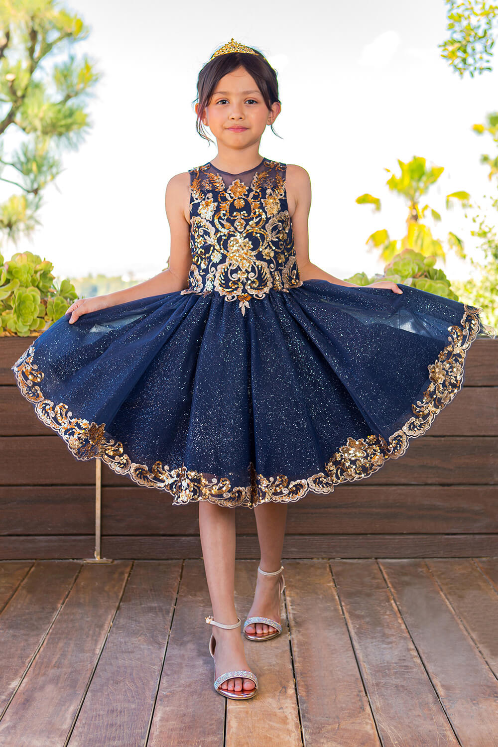Navy Crew High Neck Knee Length Glitter Tulle Flower Girl Party Dress with Two Tone Lace Appliques Cinderella Couture 5124
