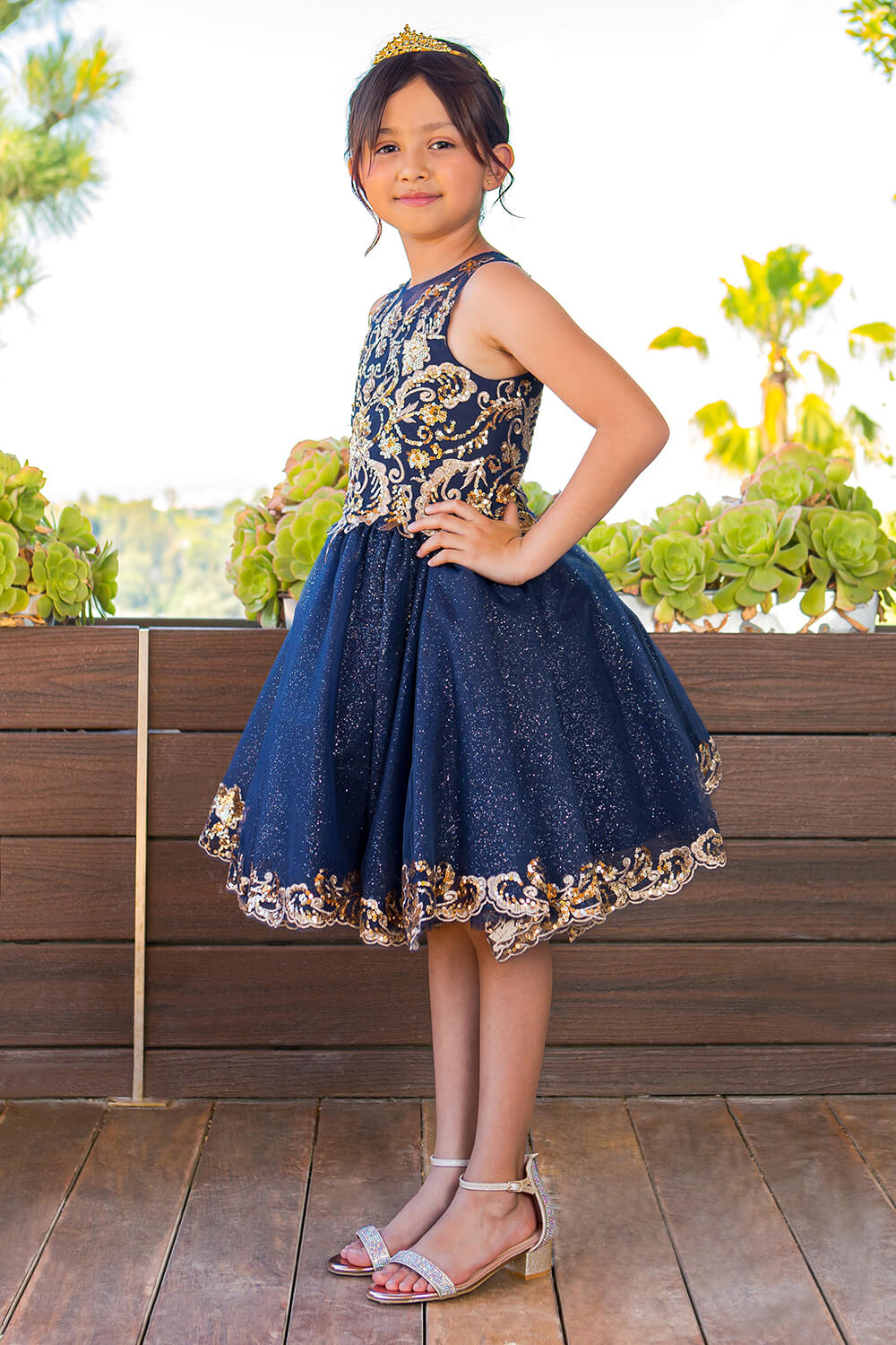 Navy Crew High Neck Knee Length Glitter Tulle Flower Girl Party Dress with Two Tone Lace Appliques Cinderella Couture 5124