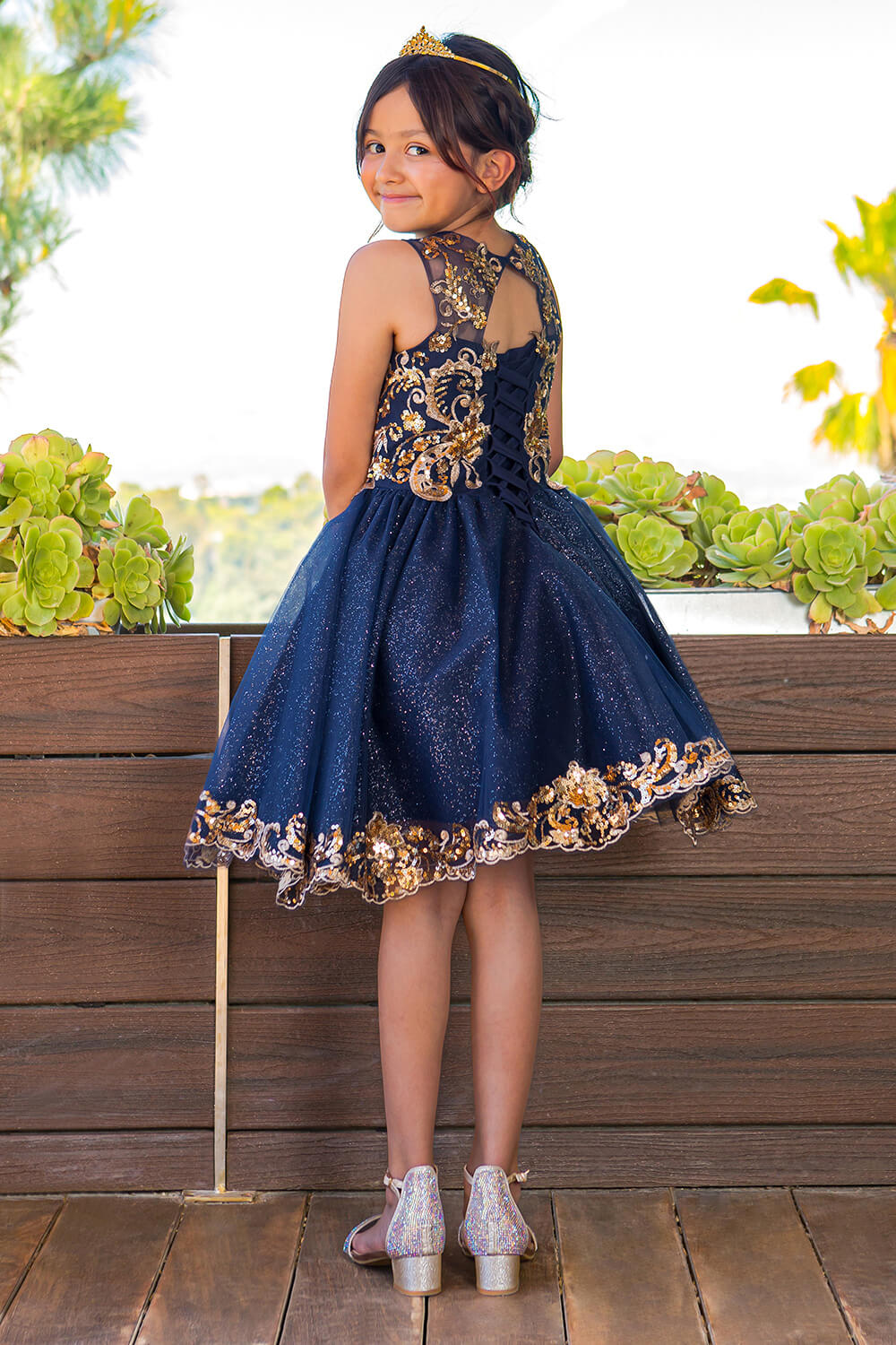 Navy Crew High Neck Knee Length Glitter Tulle Flower Girl Party Dress with Two Tone Lace Appliques Cinderella Couture 5124