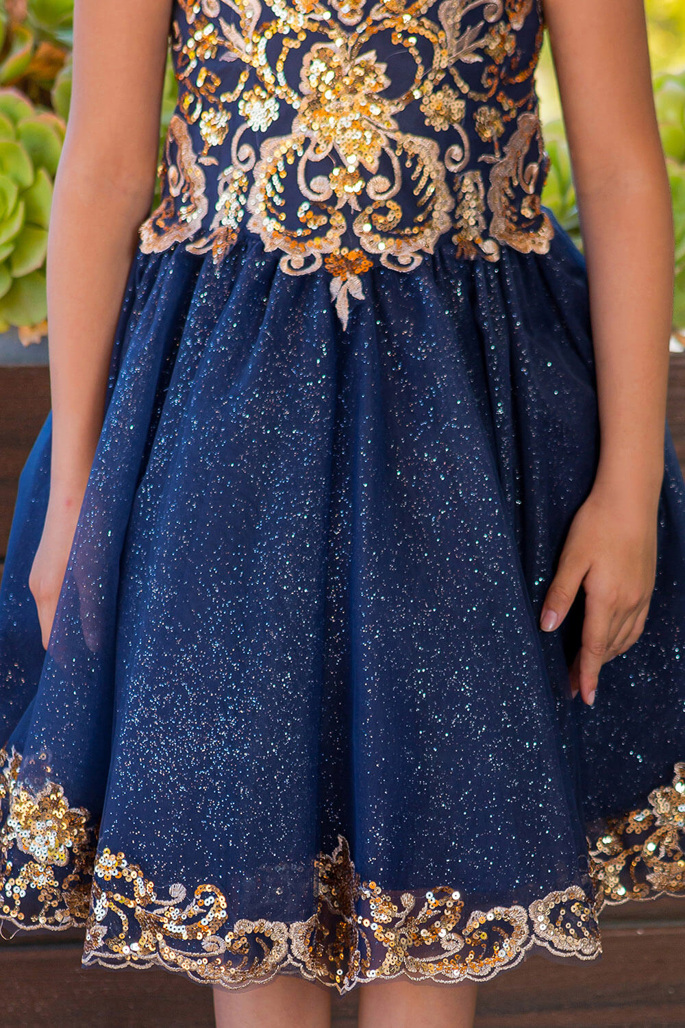 Navy Crew High Neck Knee Length Glitter Tulle Flower Girl Party Dress with Two Tone Lace Appliques Cinderella Couture 5124
