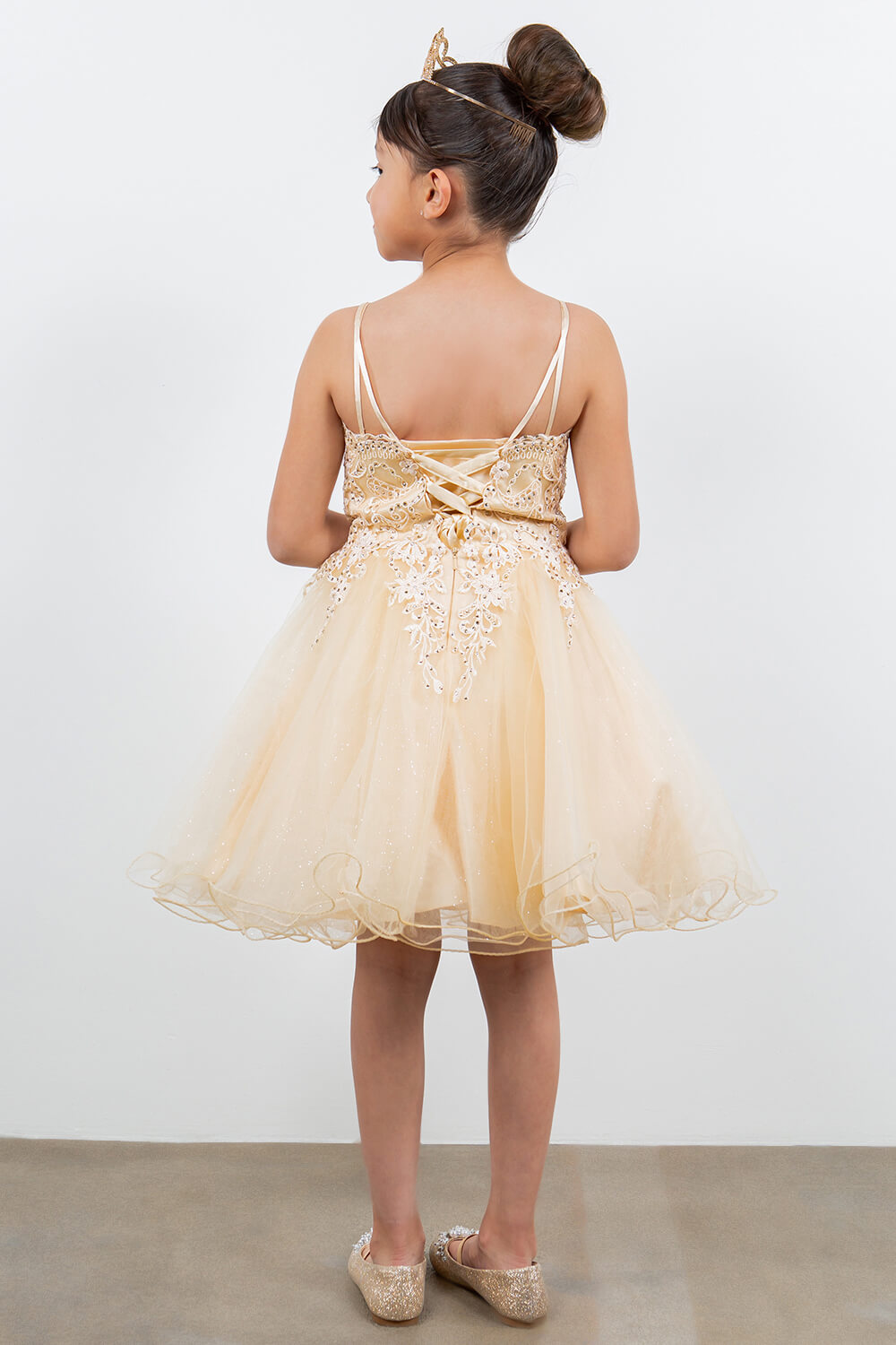 Champagne V Neck Knee Length Tulle Party Dress with Beaded Lace Bodice and Lace Up Back Cinderella Couture 5125