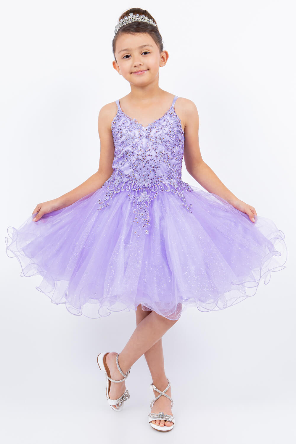Lavendar V Neck Knee Length Tulle Party Dress with Beaded Lace Bodice and Lace Up Back Cinderella Couture 5125