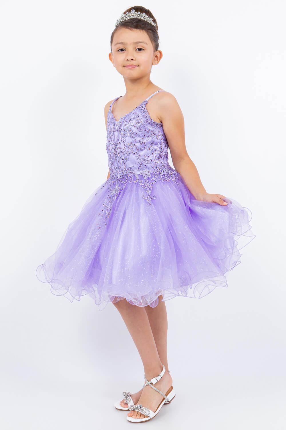 Lavendar V Neck Knee Length Tulle Party Dress with Beaded Lace Bodice and Lace Up Back Cinderella Couture 5125