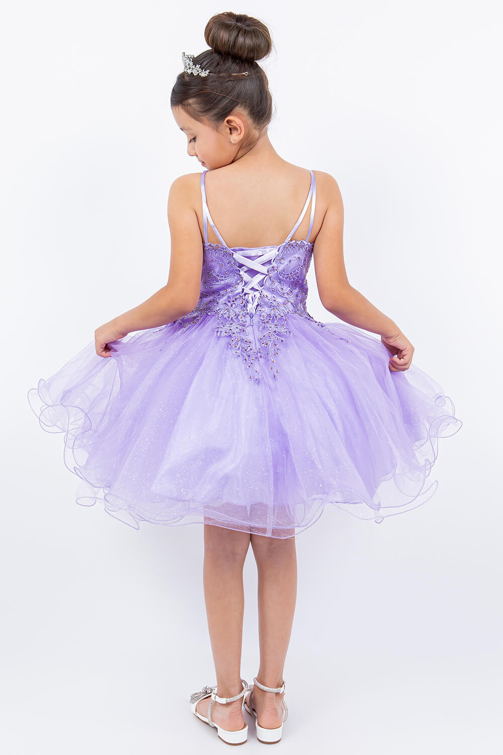 Lavendar V Neck Knee Length Tulle Party Dress with Beaded Lace Bodice and Lace Up Back Cinderella Couture 5125