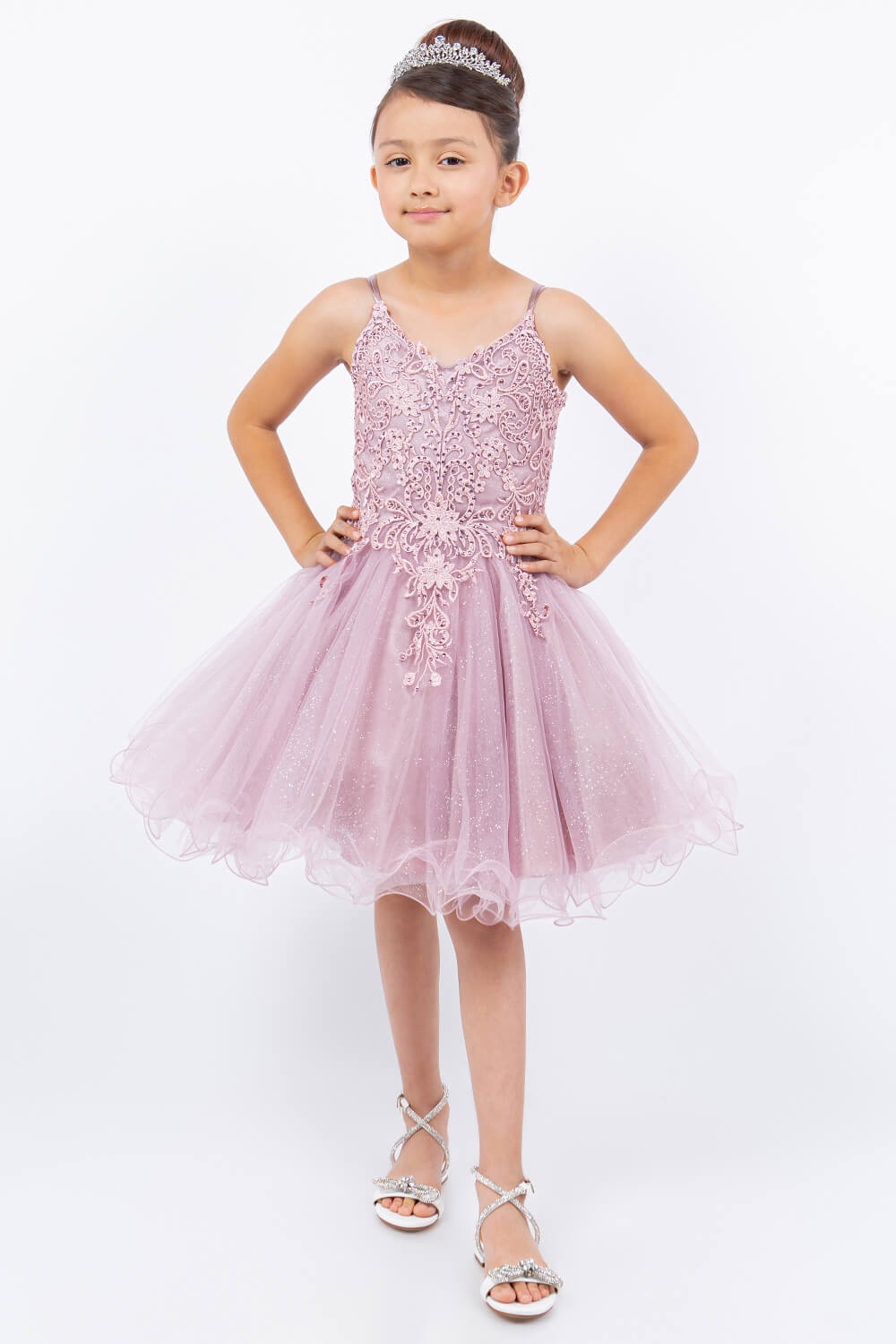 Mauve V Neck Knee Length Tulle Party Dress with Beaded Lace Bodice and Lace Up Back Cinderella Couture 5125