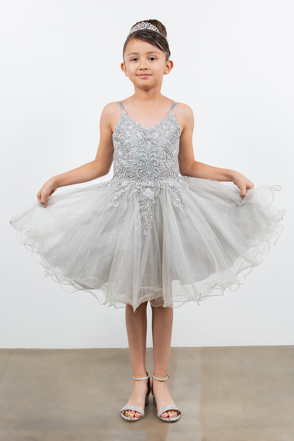 Silver V Neck Knee Length Tulle Party Dress with Beaded Lace Bodice and Lace Up Back Cinderella Couture 5125