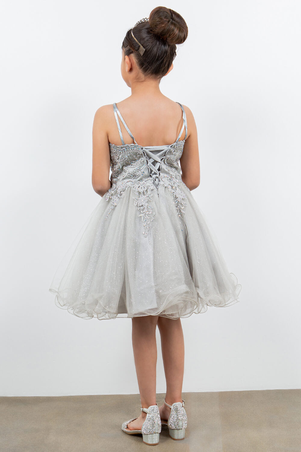 Silver V Neck Knee Length Tulle Party Dress with Beaded Lace Bodice and Lace Up Back Cinderella Couture 5125