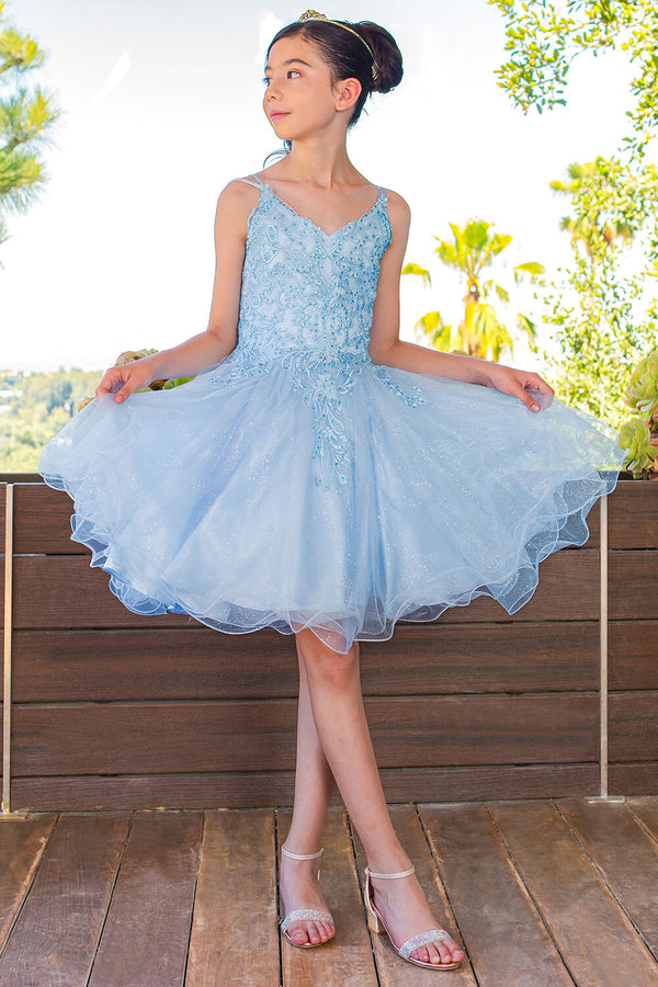 V Neck Knee Length Tulle Party Dress with Beaded Lace Bodice and Lace Up Back Cinderella Couture 5125