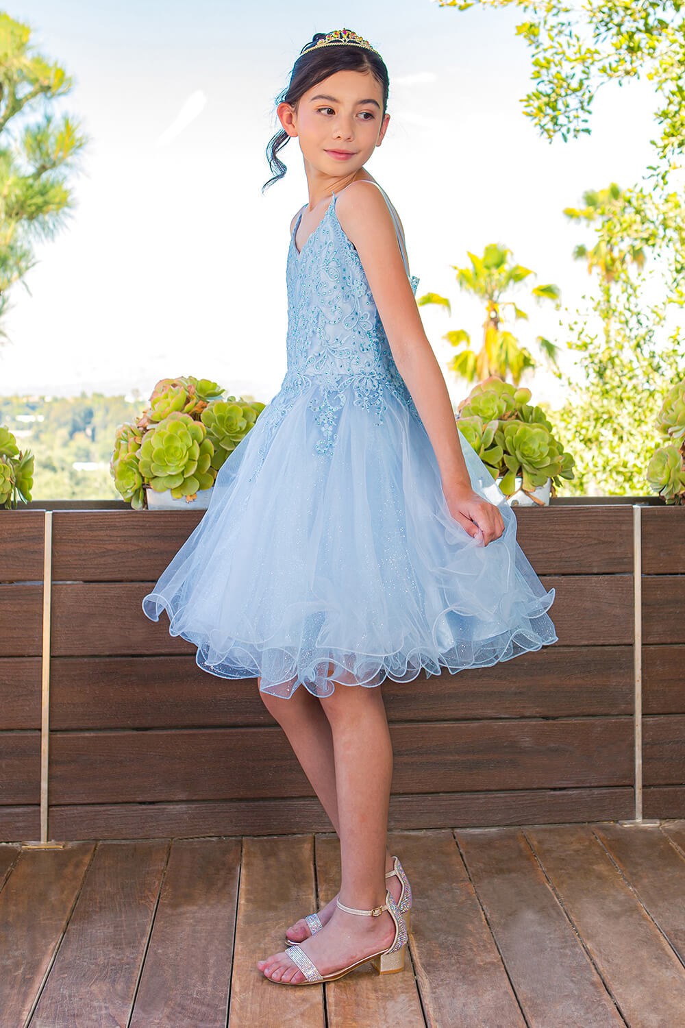 Blue V Neck Knee Length Tulle Party Dress with Beaded Lace Bodice and Lace Up Back Cinderella Couture 5125