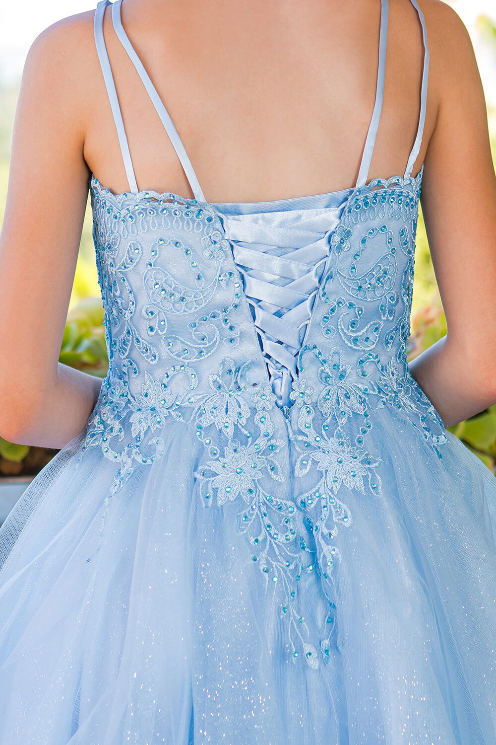 Blue V Neck Knee Length Tulle Party Dress with Beaded Lace Bodice and Lace Up Back Cinderella Couture 5125