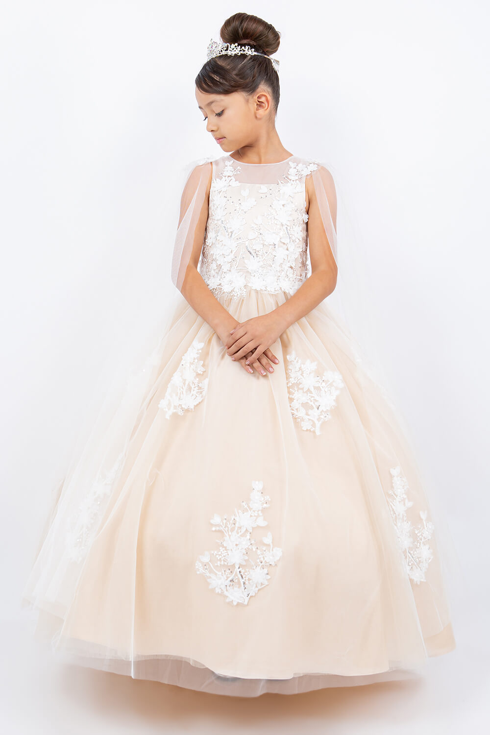 Champagne Illusion Neck Floor Length Tulle Flower Girl Dress with 3D Floral Appliques Cinderella Couture 5126