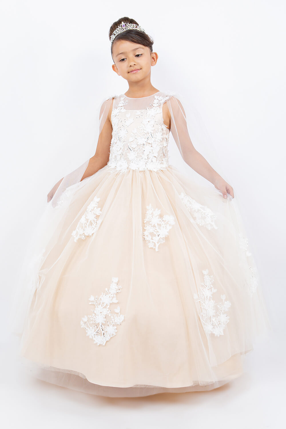 Champagne Illusion Neck Floor Length Tulle Flower Girl Dress with 3D Floral Appliques Cinderella Couture 5126