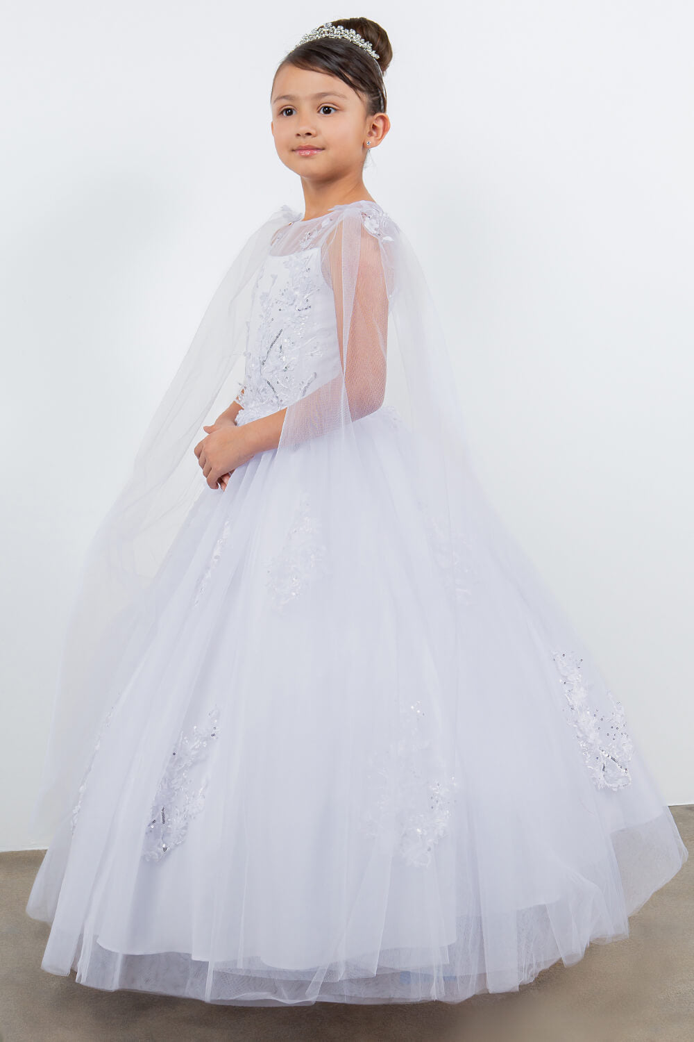 White Illusion Neck Floor Length Tulle Flower Girl Dress with 3D Floral Appliques Cinderella Couture 5126