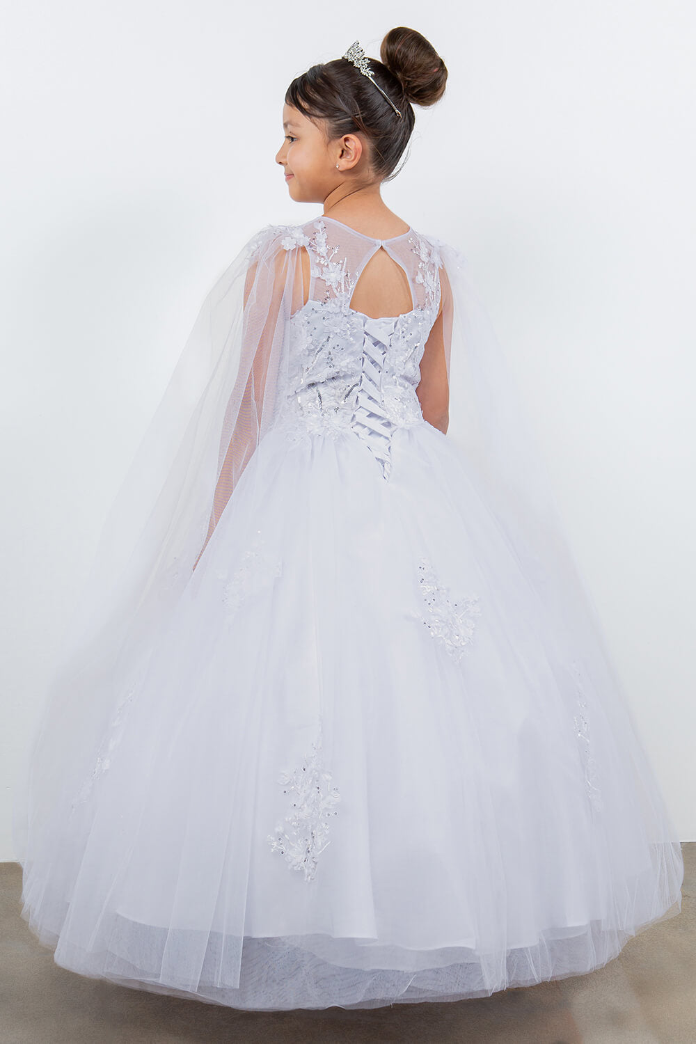 White Illusion Neck Floor Length Tulle Flower Girl Dress with 3D Floral Appliques Cinderella Couture 5126