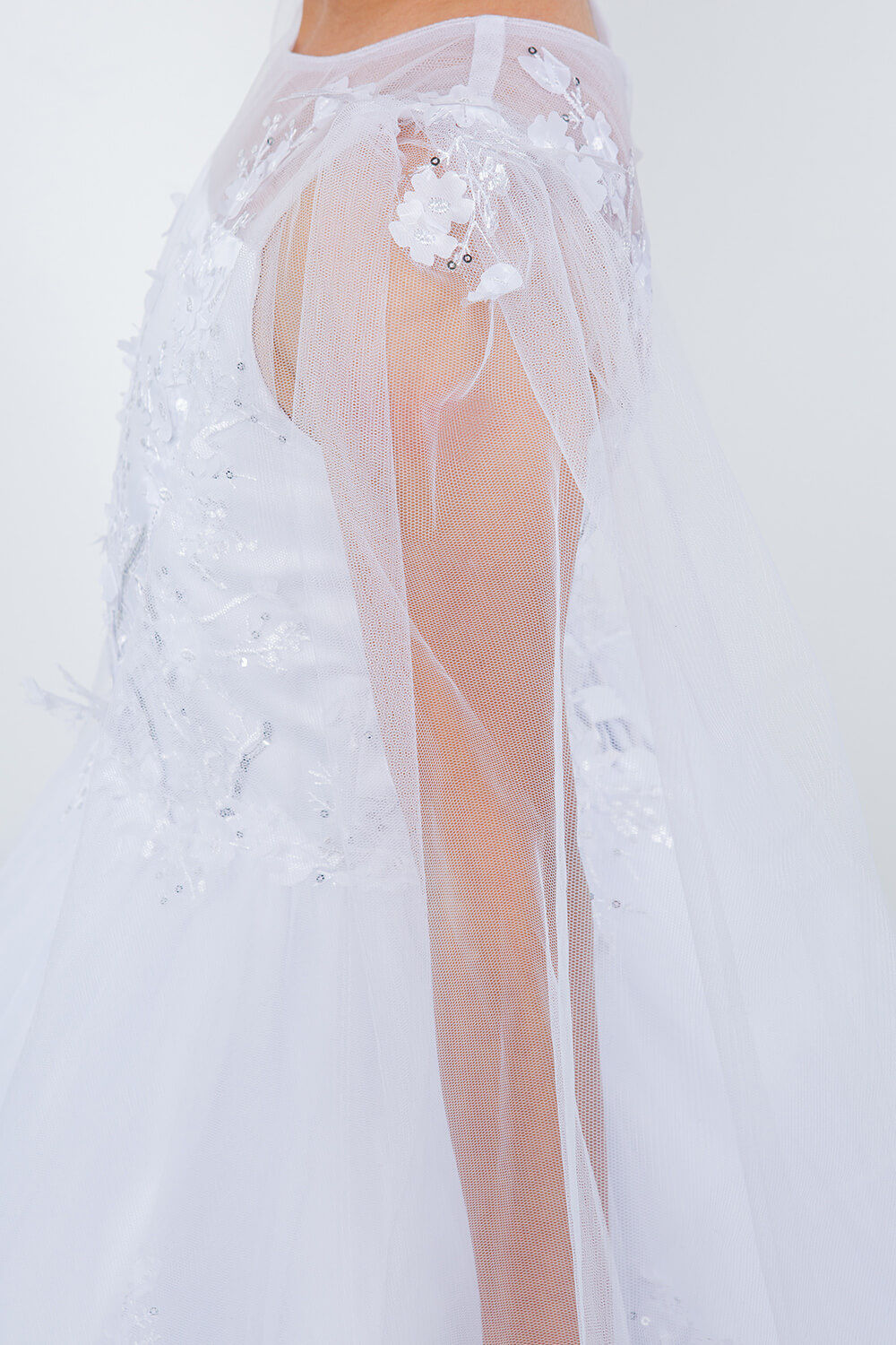 White Illusion Neck Floor Length Tulle Flower Girl Dress with 3D Floral Appliques Cinderella Couture 5126