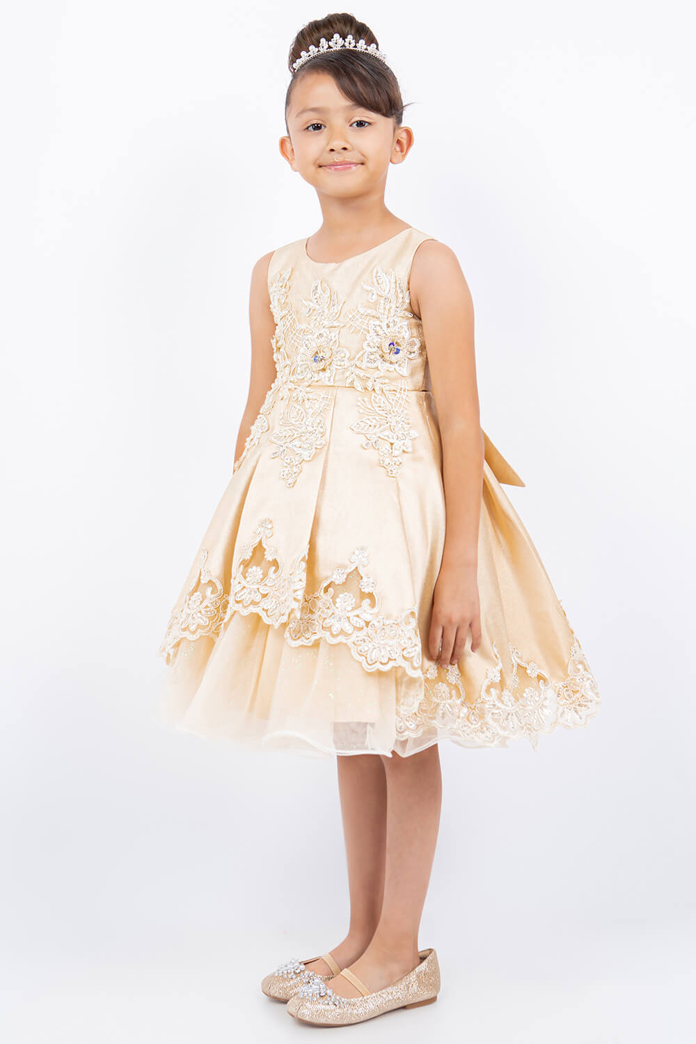 Champagne Round Neck Knee Length Satin Flower Girl Dress with Crochet Lace and Laser Cut Hem Cinderella Couture 5127