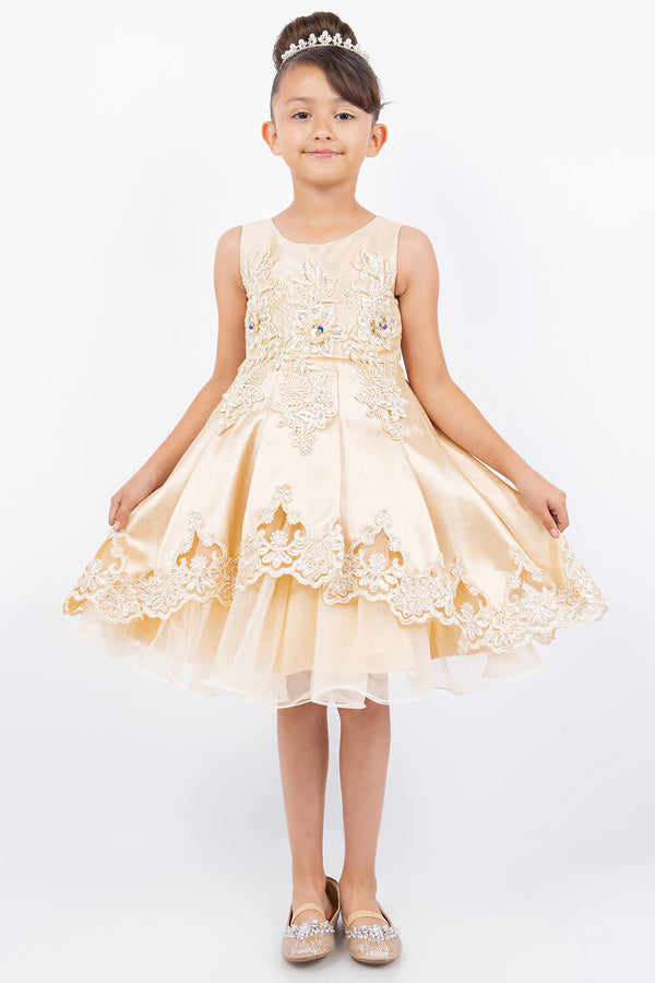 Round Neck Knee Length Satin Flower Girl Dress with Crochet Lace and Laser Cut Hem Cinderella Couture 5127