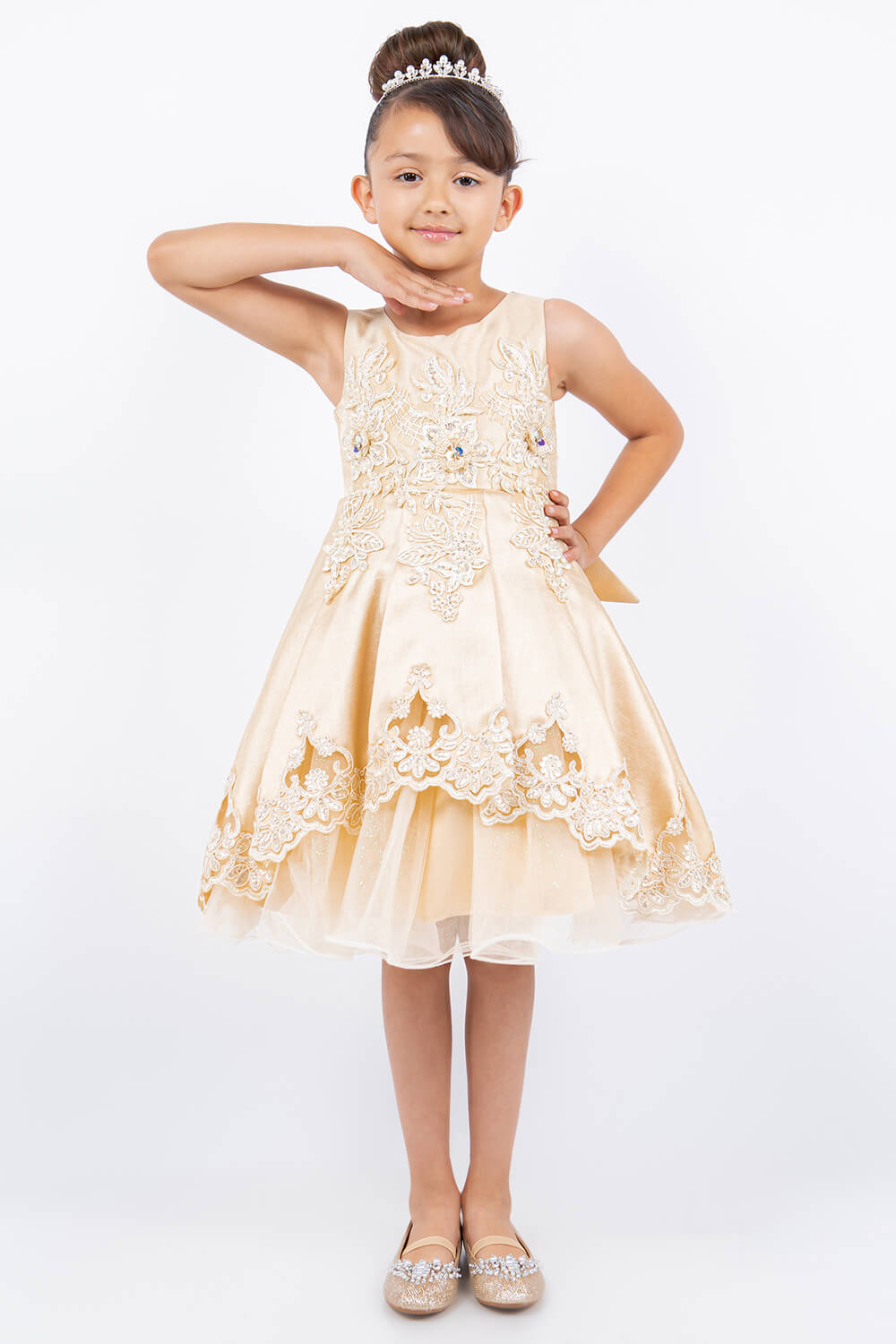 Champagne Round Neck Knee Length Satin Flower Girl Dress with Crochet Lace and Laser Cut Hem Cinderella Couture 5127