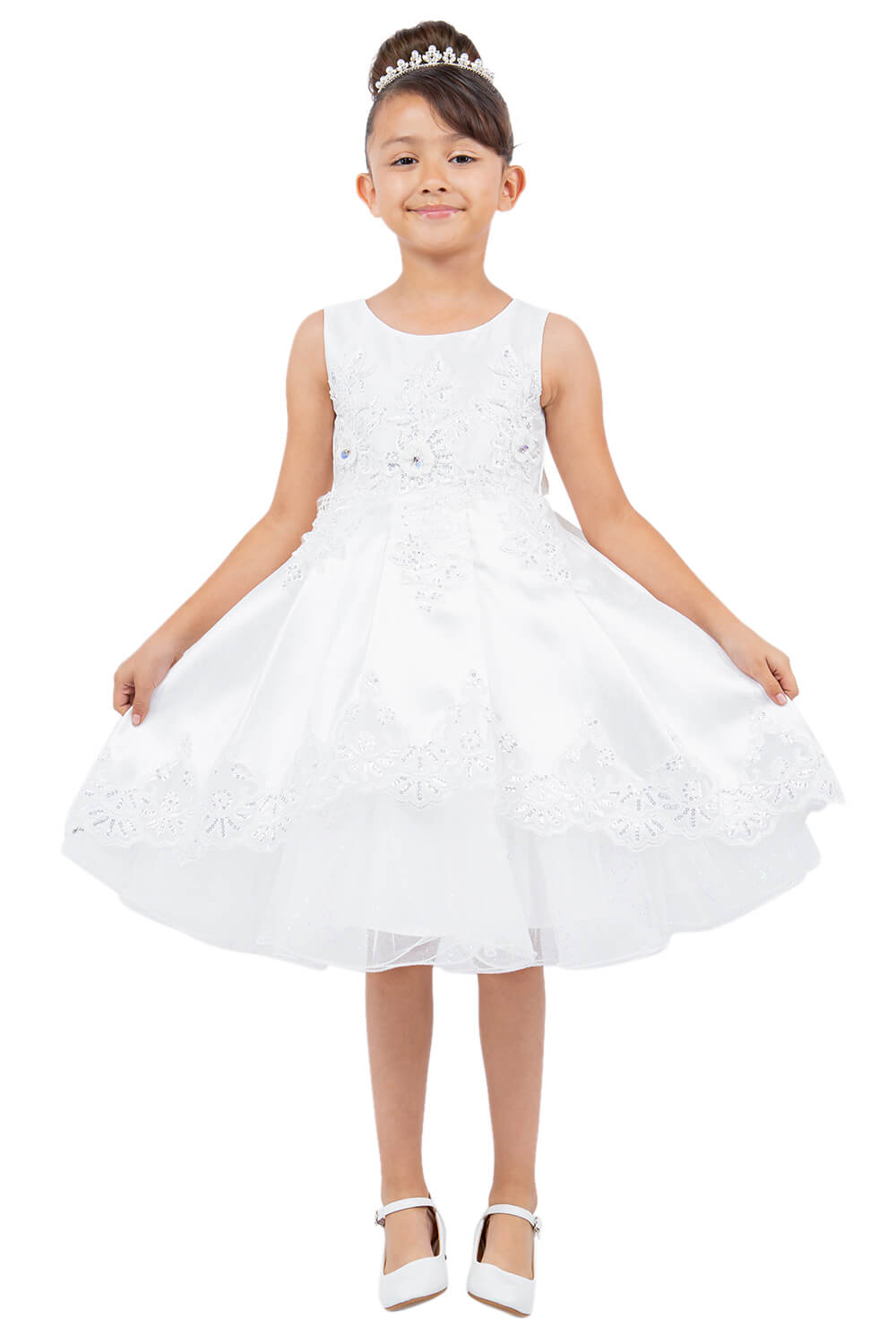 Off White Round Neck Knee Length Satin Flower Girl Dress with Crochet Lace and Laser Cut Hem Cinderella Couture 5127