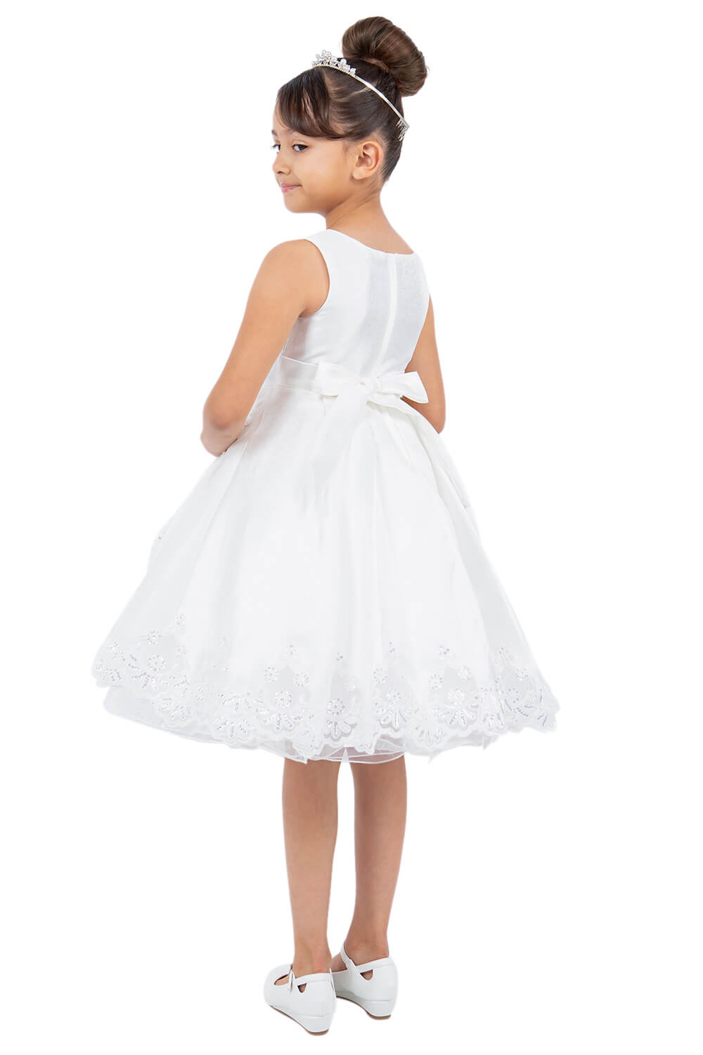 Off White Round Neck Knee Length Satin Flower Girl Dress with Crochet Lace and Laser Cut Hem Cinderella Couture 5127