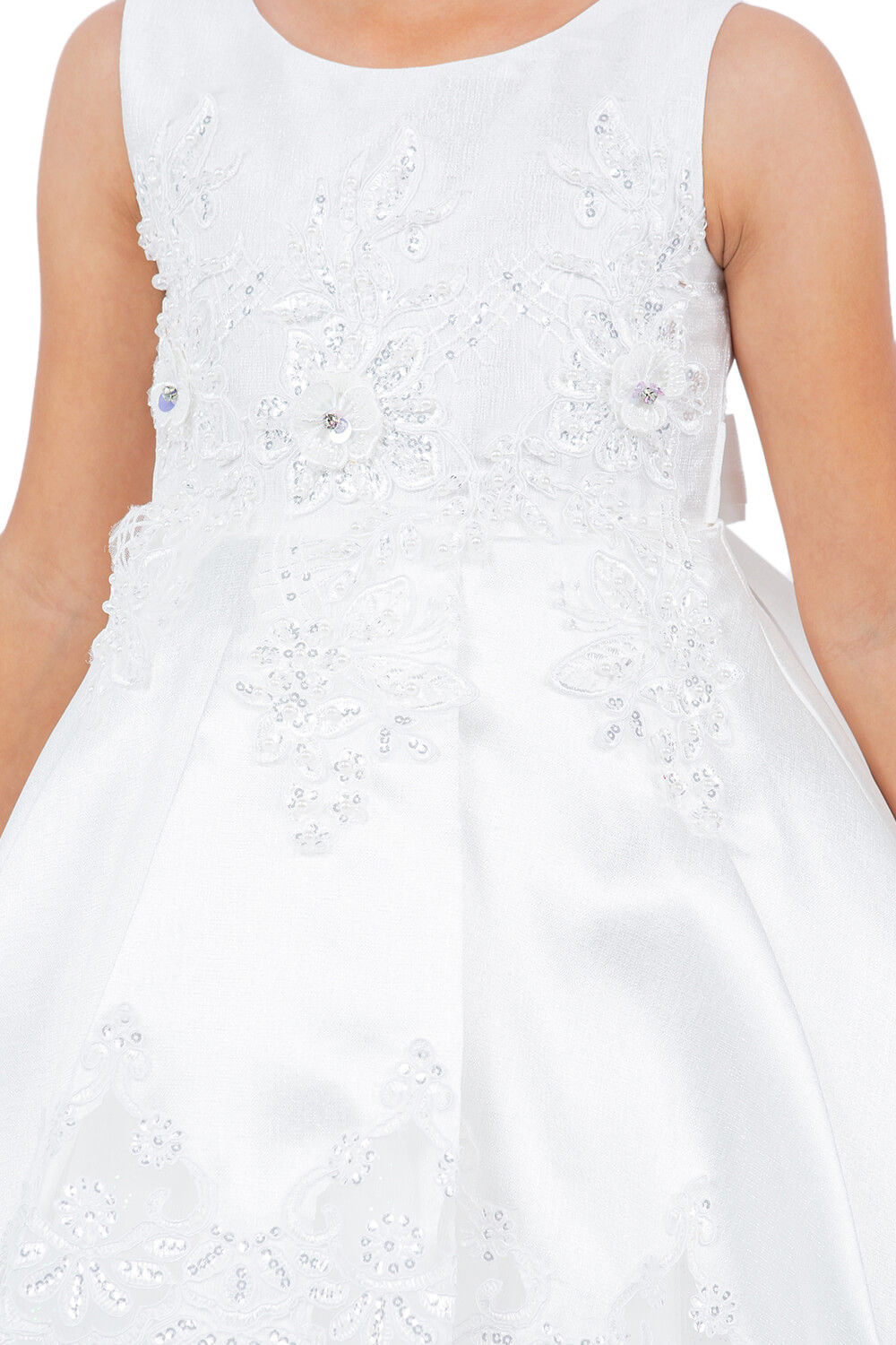 Off White Round Neck Knee Length Satin Flower Girl Dress with Crochet Lace and Laser Cut Hem Cinderella Couture 5127