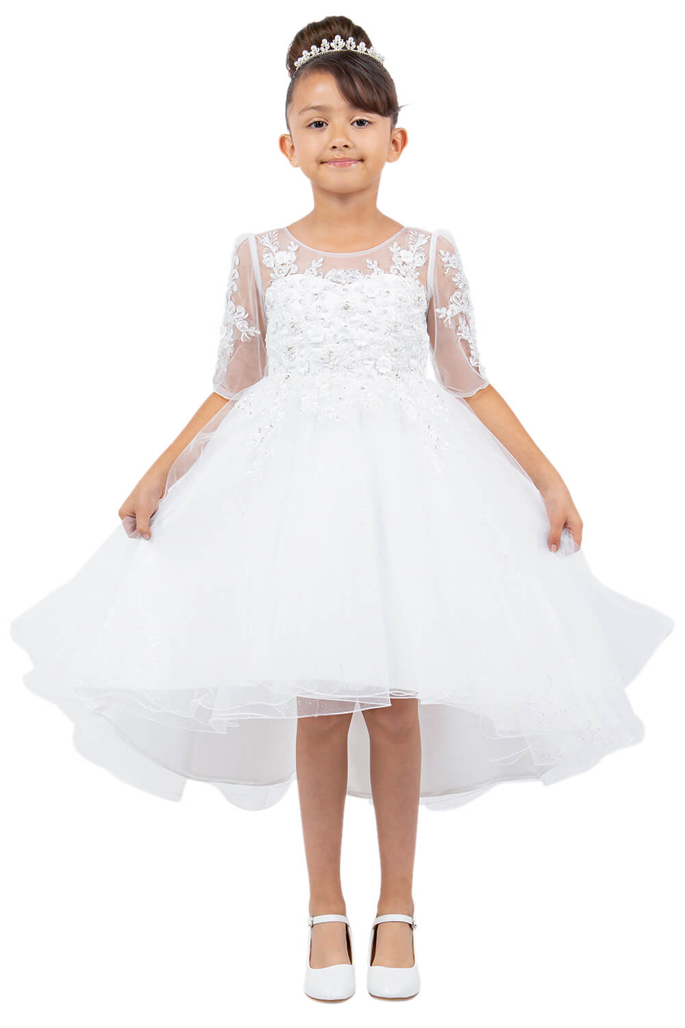 Off White Illusion Neck High Low Tulle Flower Girl Dress with 3/4 Sleeve Lace Bodice Cinderella Couture 5128