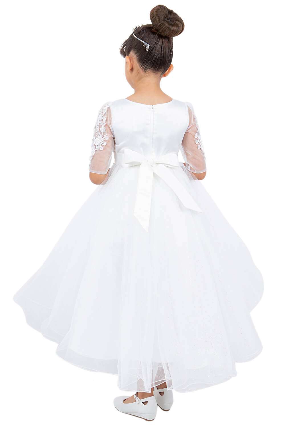 Off White Illusion Neck High Low Tulle Flower Girl Dress with 3/4 Sleeve Lace Bodice Cinderella Couture 5128