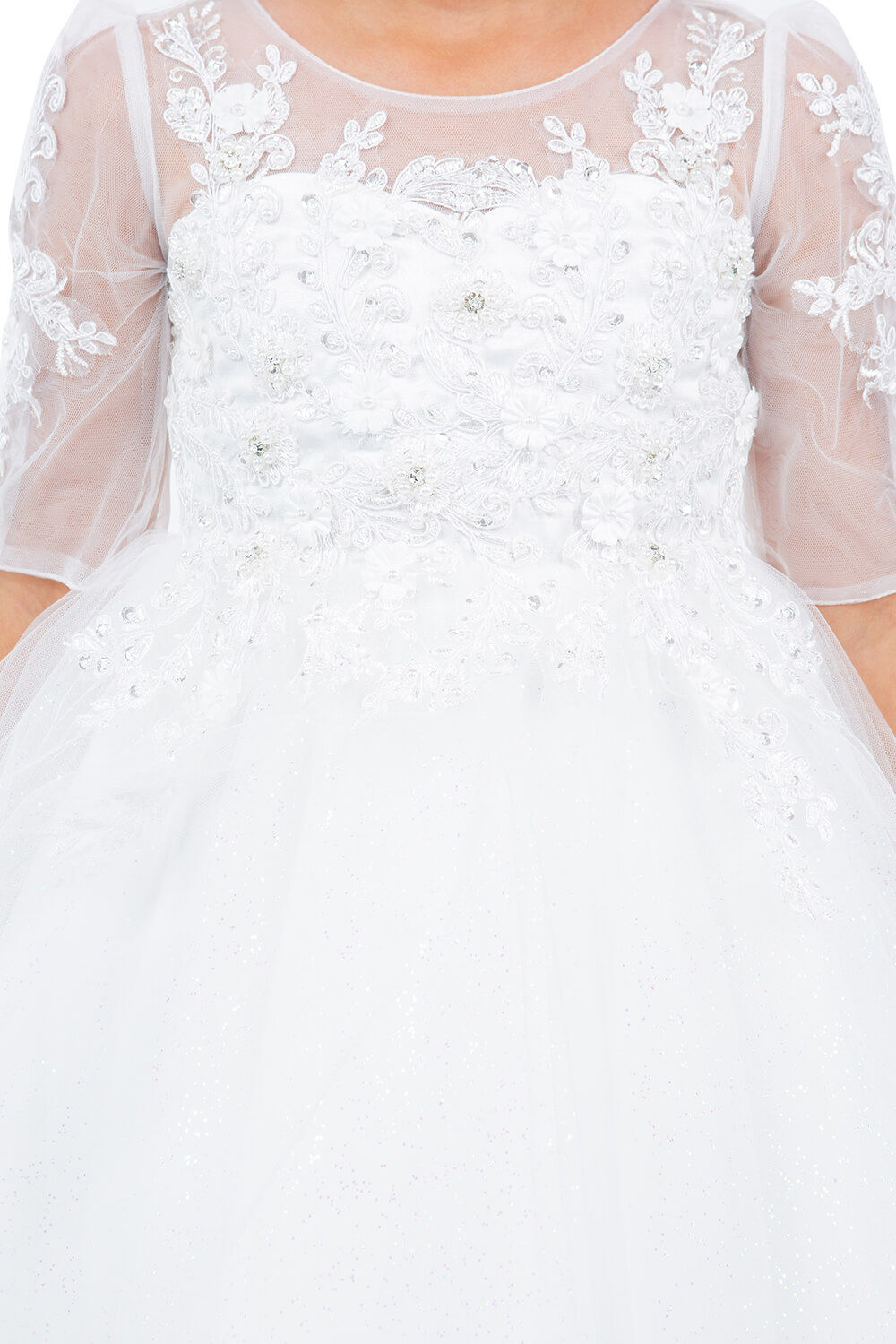 Off White Illusion Neck High Low Tulle Flower Girl Dress with 3/4 Sleeve Lace Bodice Cinderella Couture 5128