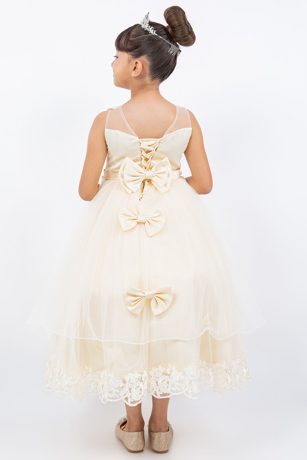 Champagne Illusion Neck Floor Length Lace Tulle Flower Girl Dress with 3D Floral Appliques Cinderella Couture 5129