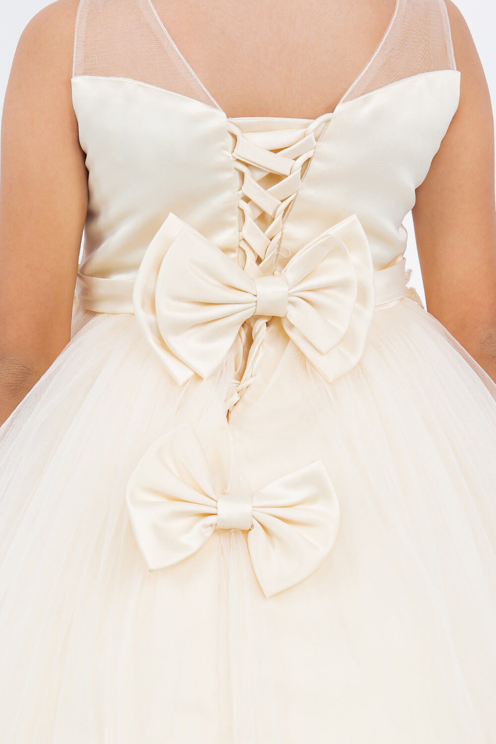 Champagne Illusion Neck Floor Length Lace Tulle Flower Girl Dress with 3D Floral Appliques Cinderella Couture 5129