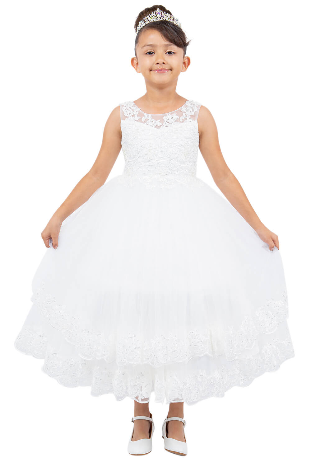 Off White Illusion Neck Floor Length Lace Tulle Flower Girl Dress with 3D Floral Appliques Cinderella Couture 5129