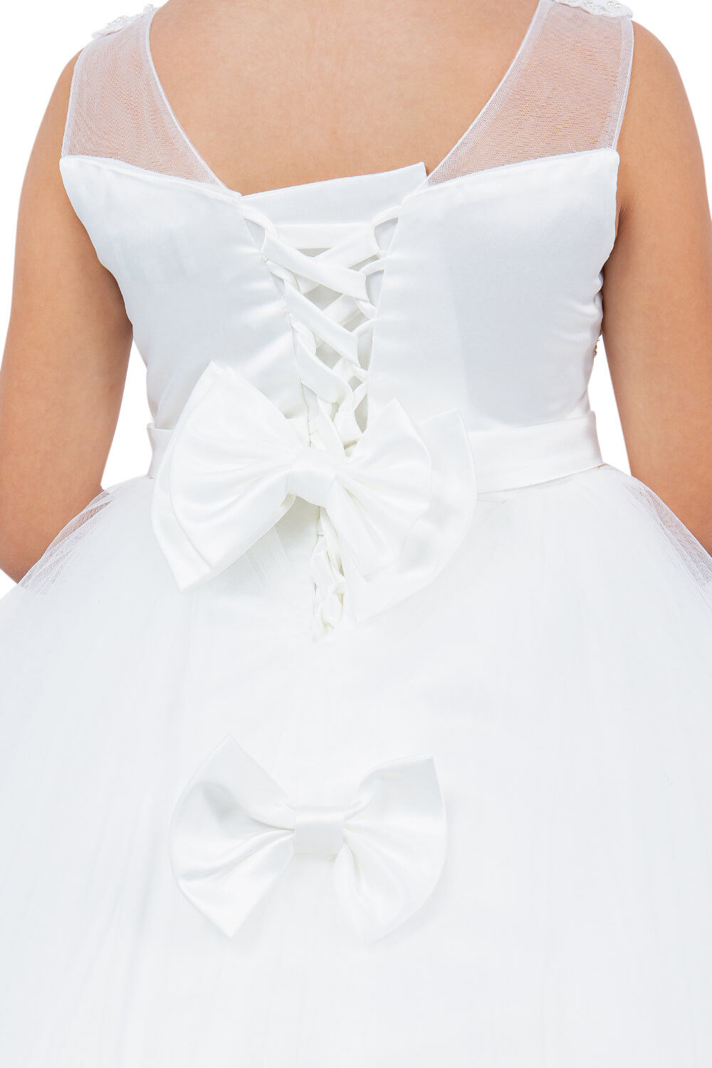 Off White Illusion Neck Floor Length Lace Tulle Flower Girl Dress with 3D Floral Appliques Cinderella Couture 5129
