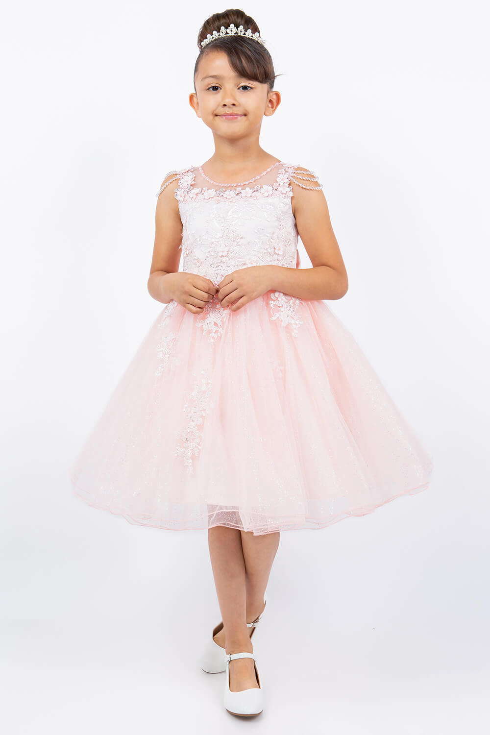 Blush Illusion Neck Knee Length Crystalized Tulle Special Occasion Dress with Beaded Shoulders Cinderella Couture 5131