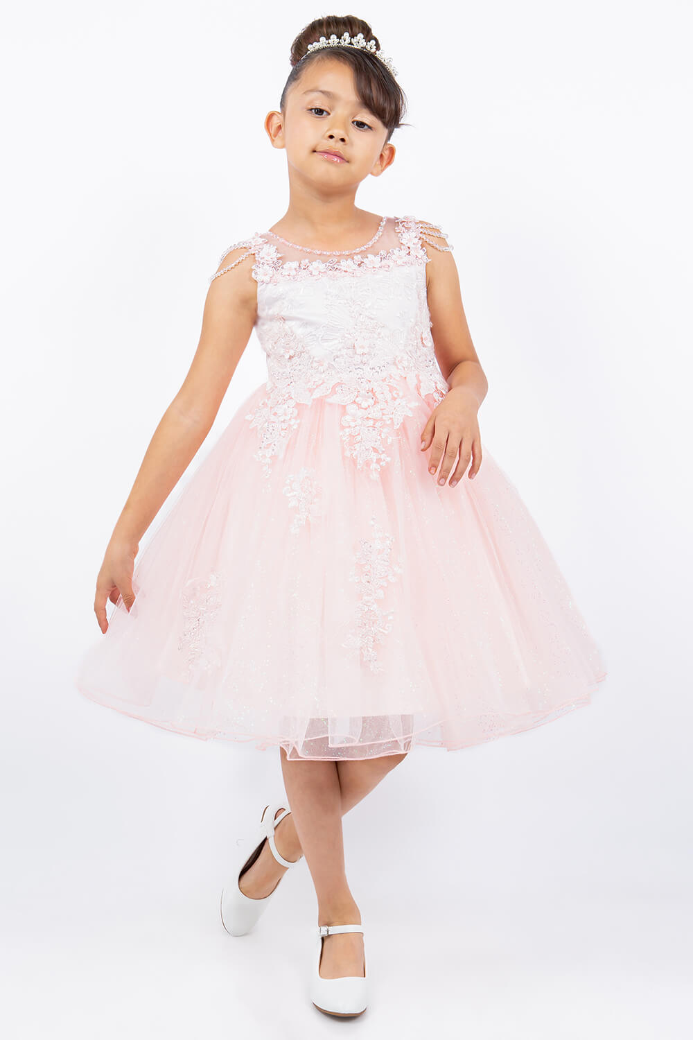 Blush Illusion Neck Knee Length Crystalized Tulle Special Occasion Dress with Beaded Shoulders Cinderella Couture 5131