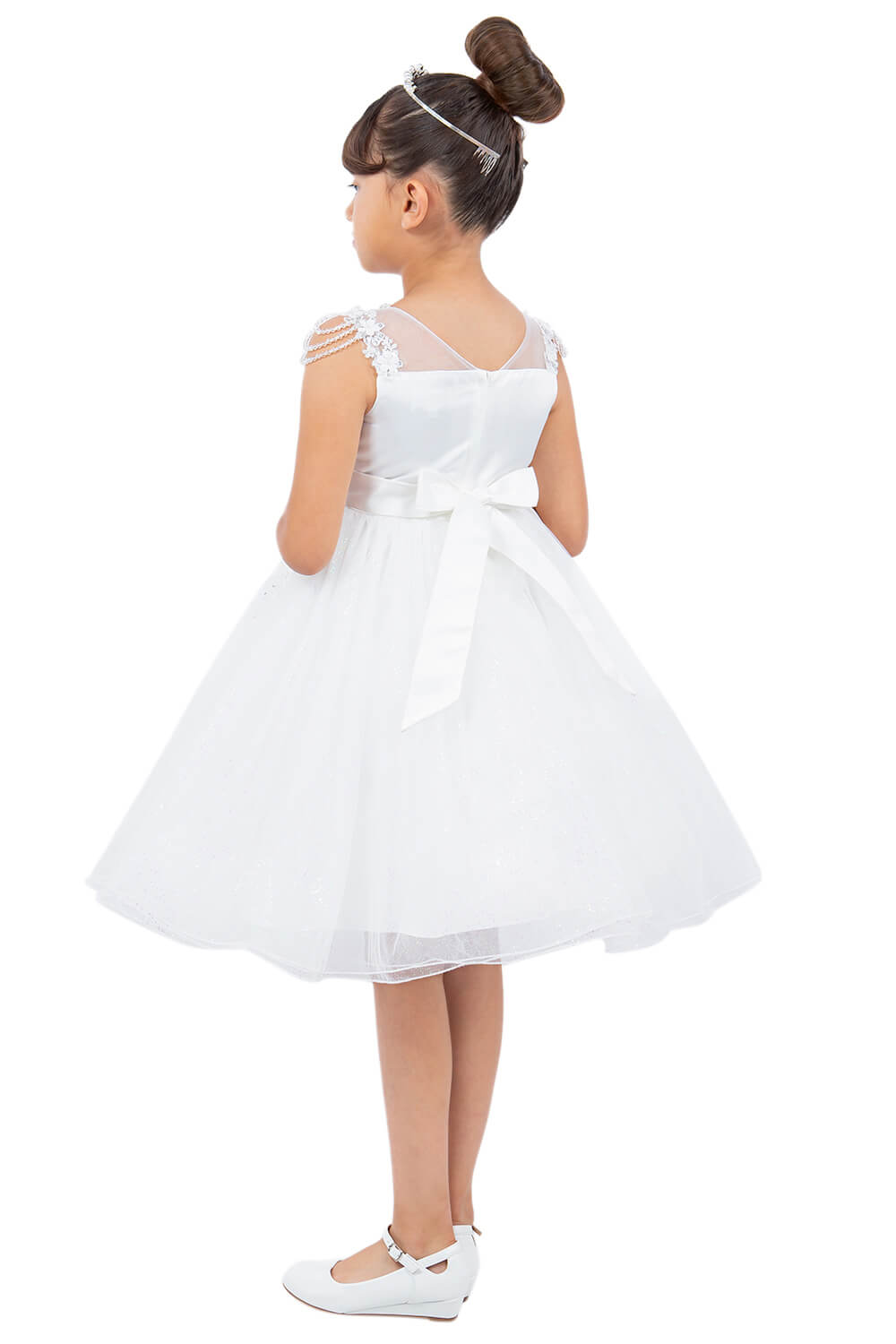 Off White Illusion Neck Knee Length Crystalized Tulle Special Occasion Dress with Beaded Shoulders Cinderella Couture 5131
