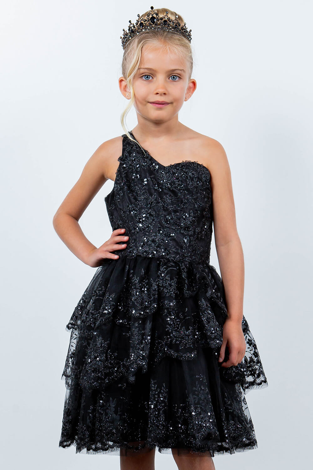 Black One Shoulder Knee Length Tulle Special Occasion Dress with Glitter Floral Layered Skirt Cinderella Couture 5132