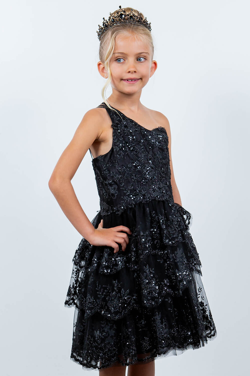 Black One Shoulder Knee Length Tulle Special Occasion Dress with Glitter Floral Layered Skirt Cinderella Couture 5132