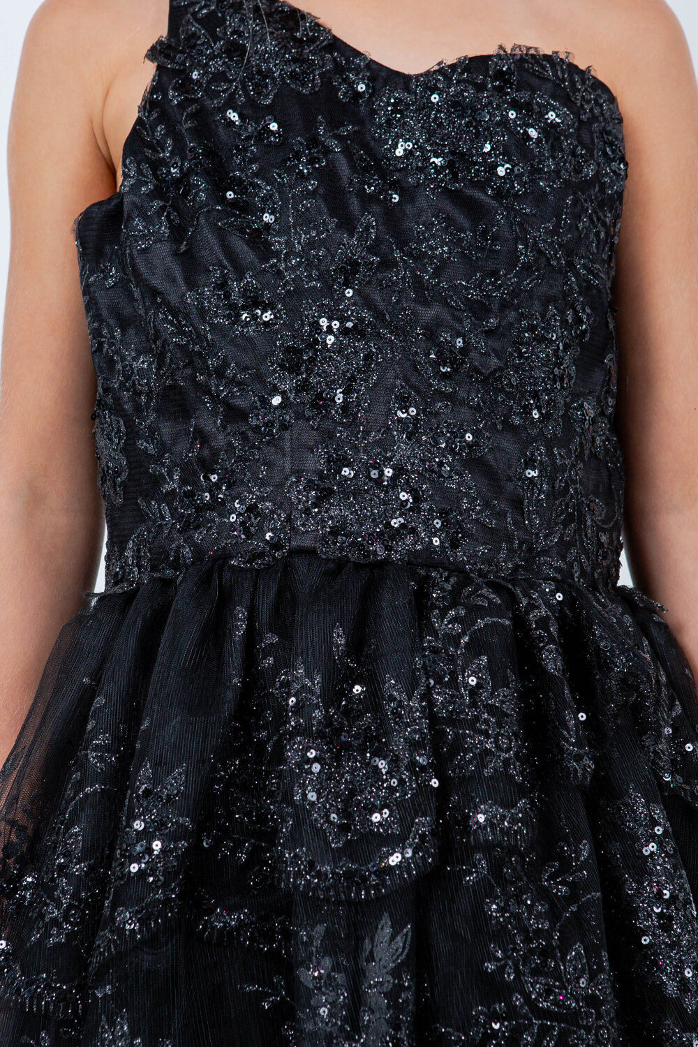 Black One Shoulder Knee Length Tulle Special Occasion Dress with Glitter Floral Layered Skirt Cinderella Couture 5132