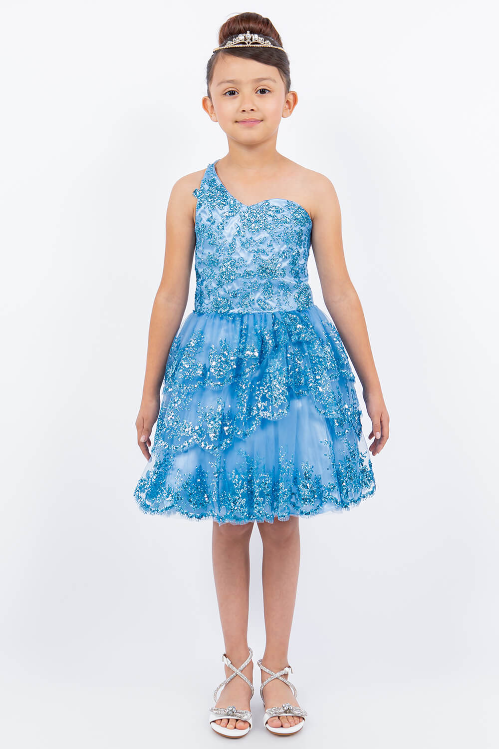 Blue One Shoulder Knee Length Tulle Special Occasion Dress with Glitter Floral Layered Skirt Cinderella Couture 5132