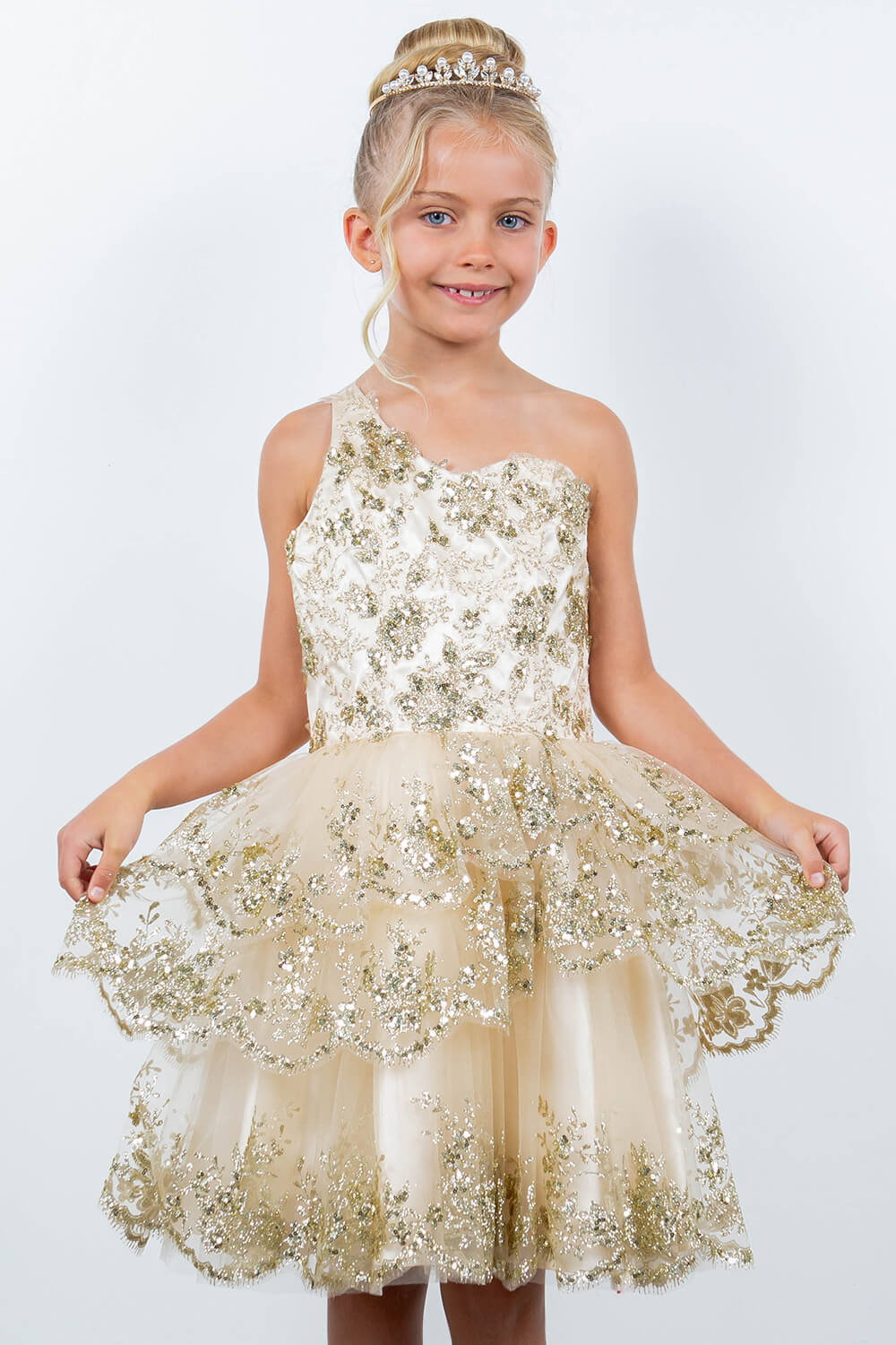 Champagne One Shoulder Knee Length Tulle Special Occasion Dress with Glitter Floral Layered Skirt Cinderella Couture 5132
