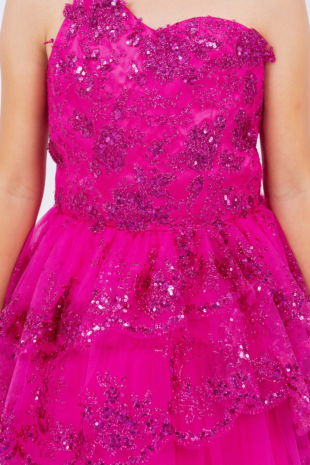 Fuchsia One Shoulder Knee Length Tulle Special Occasion Dress with Glitter Floral Layered Skirt Cinderella Couture 5132