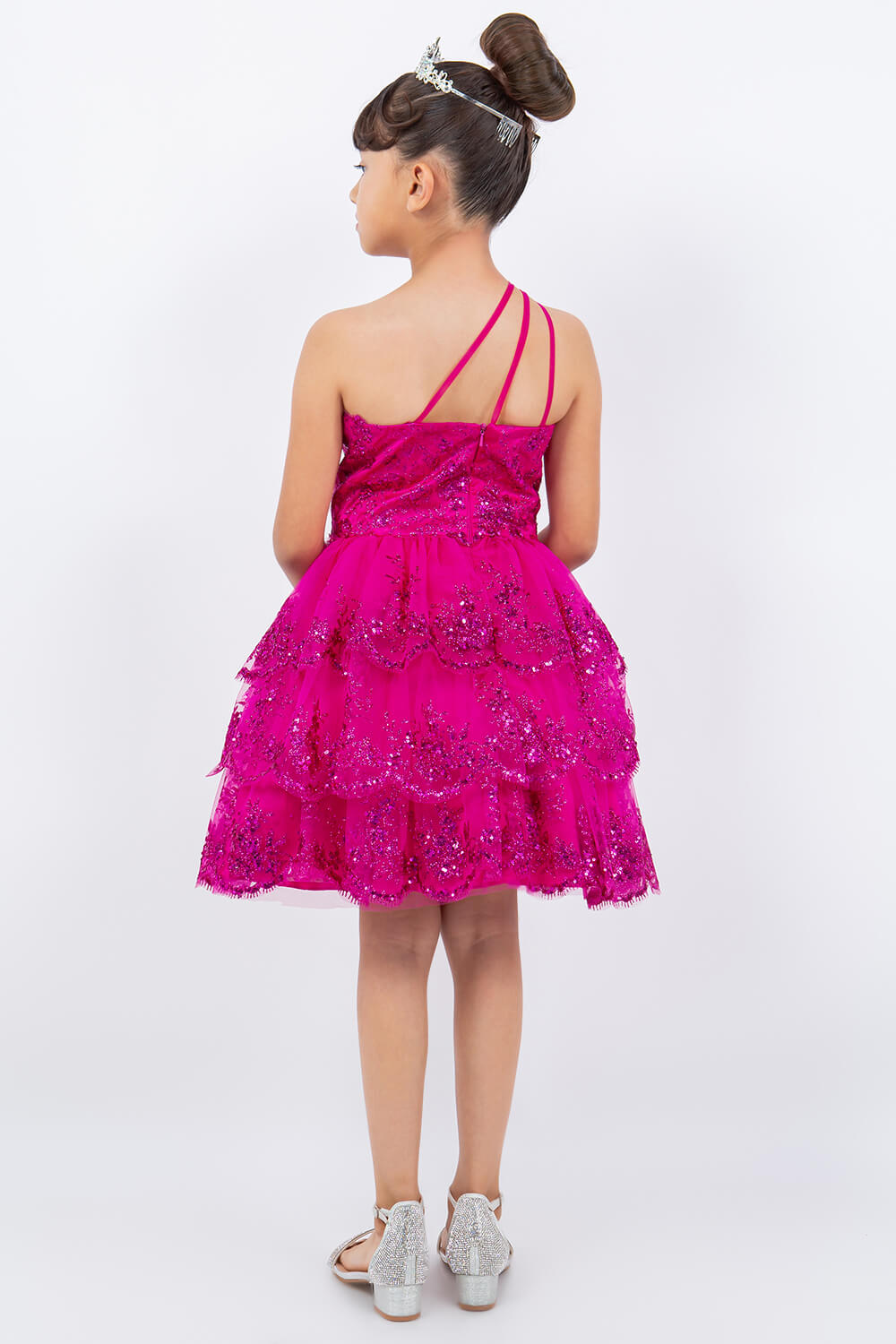 Fuchsia One Shoulder Knee Length Tulle Special Occasion Dress with Glitter Floral Layered Skirt Cinderella Couture 5132